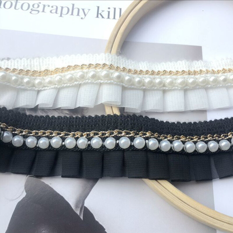 Chiffon Beads Chain Hand Stitched Lace Handmade DIY Baby Cuffs Headband Collar Material New Pasamaneria Gold Pearl Beaded Fabric