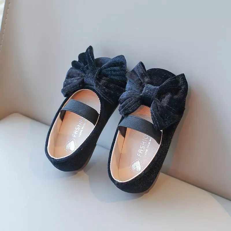 New Children's Flats Retro Style Bowtie Ballet Flats for Girls Princess Fashion Solid Color Kids Causal Dress Shoes Elastic Band