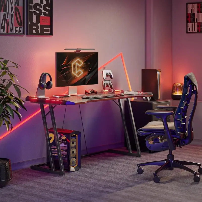 Scrivania da gioco con LED, Workstation da gioco da 47 pollici, Computer domestico con superficie in fibra di carbonio, nero
