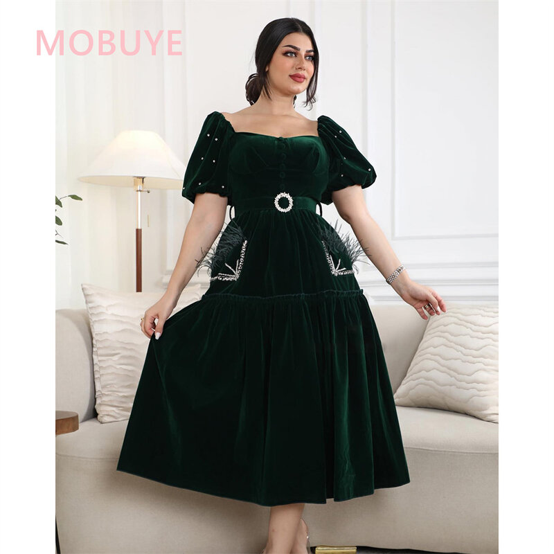 MOBUYE 2024 Arab Dubai Off The Shoulder Neckline Prom Dress Tea Length Evening Fashion Elegant Party Dress For Women