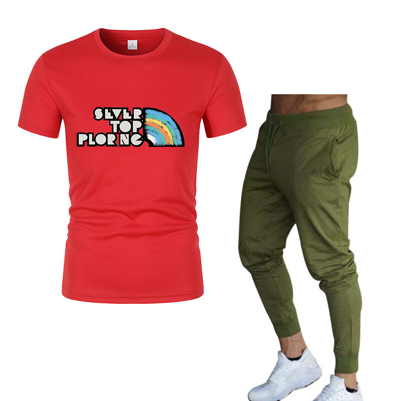 Letter graphic printed Men's short sleeve T-shirt & Running pants 2 casual sports regular pants suit set Spring Summer