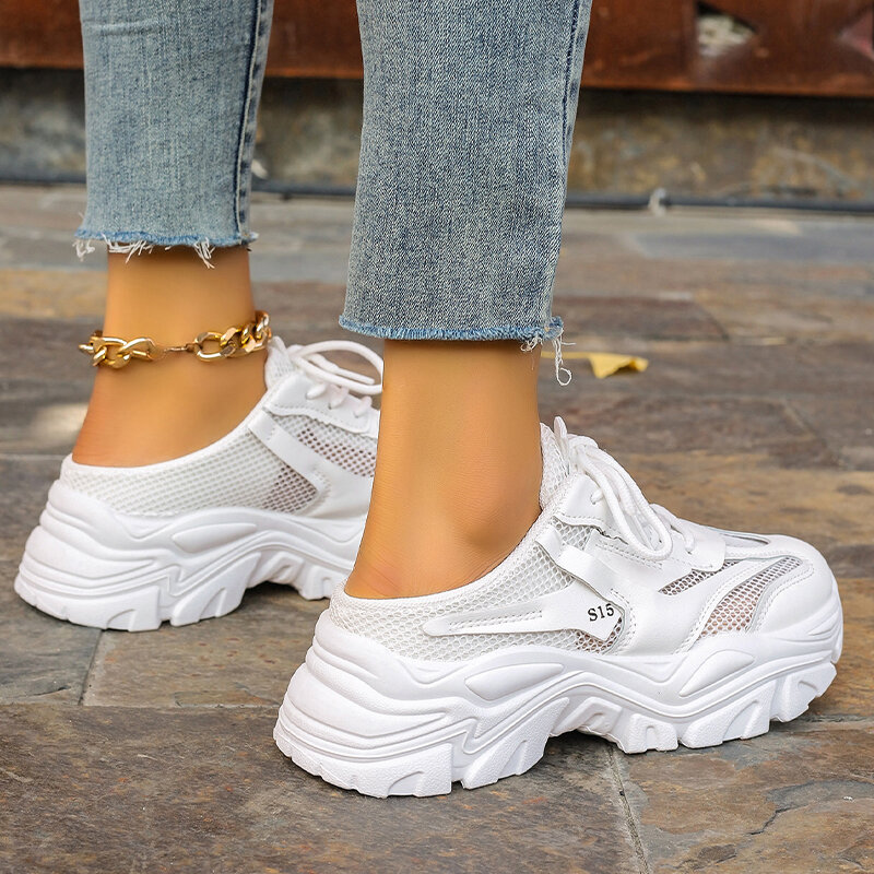 Zapatillas planas de malla para Mujer, sandalias informales de verano, chanclas de diseñador con cordones, cómodas, a la moda, 2024