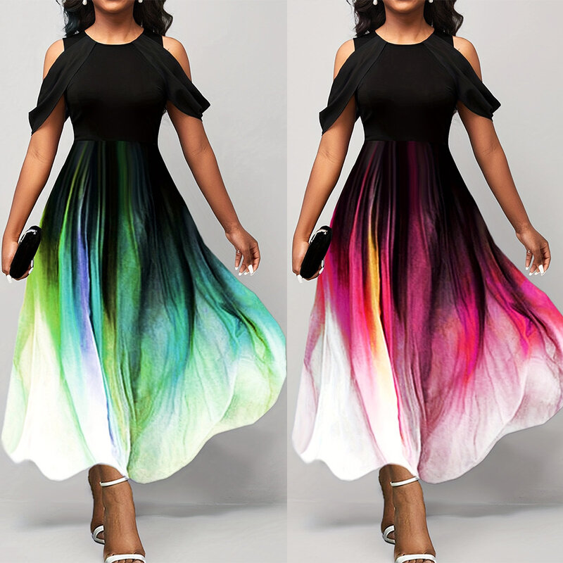 Gaun Maxi panjang untuk wanita Afrika Musim Panas 2023 gaun pesta hijau poliester leher-o lengan pendek gaun Maxi pakaian Afrika