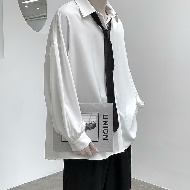 Camisa de peito único preta de manga comprida masculina com gravata, blusas coreanas confortáveis, camisa casual solta com gravata
