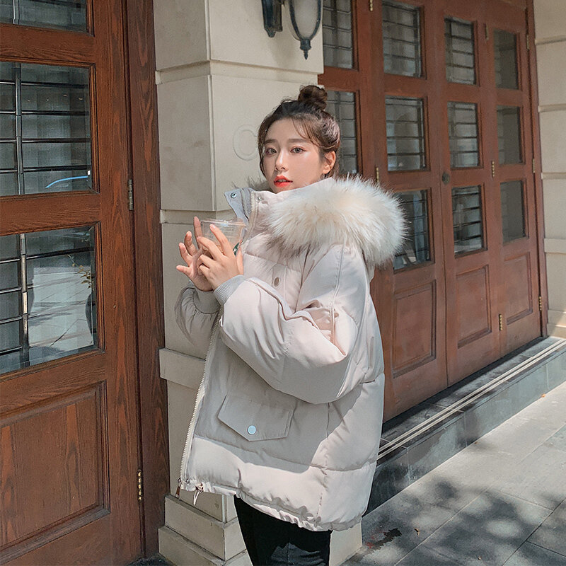 New Short 2023 Winter Big Fur Collar Hooded Thick Warm Female Loose Outerwear Winter Jacket Women Cotton Padded Coat