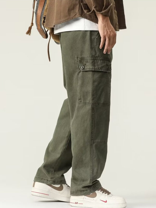 Cargo Pants Men Simple High Street Spring Autumn Retro Spliced Multi Pockets American Style Male Nostalgic Mopping Trousers Chic