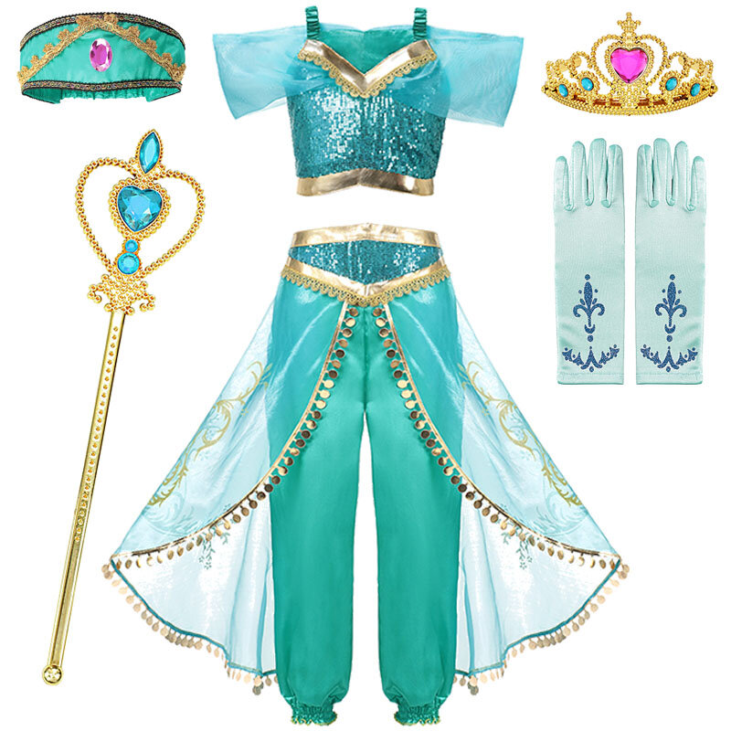 Gaun Princess Disney Jasmine kostum Cosplay Jasmine Aladdin kostum lampu magis pakaian pesta ulang tahun karnaval anak perempuan