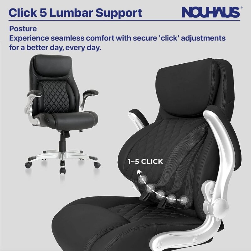 Chaise de Bureau Ergonomique en Cuir PU, NouKevin + Posture Support lombaire avec accoudoirs FlipSister, Click5 Fauteuil de direction, moderne