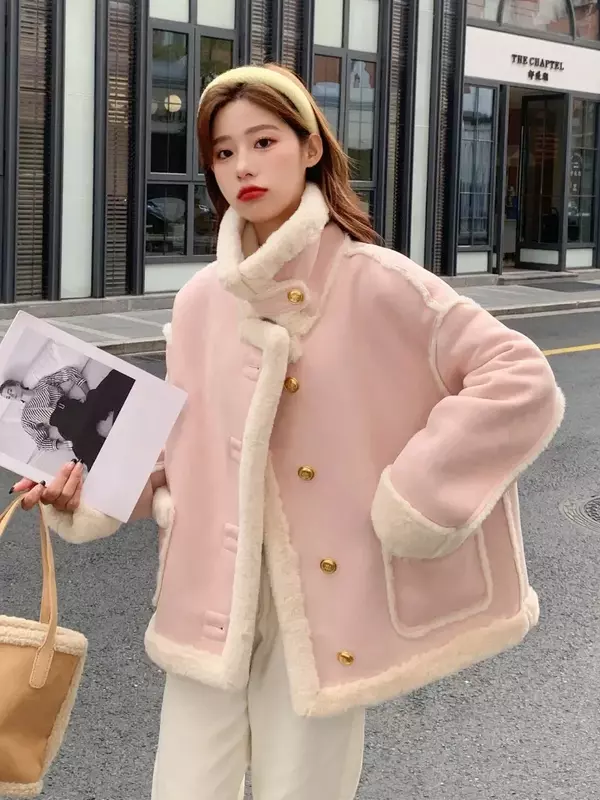 Jaket wanita, jaket perempuan musim dingin pendek imitasi bulu kasmir warna solid sambungan longgar lengan panjang versi Korea tebal baru