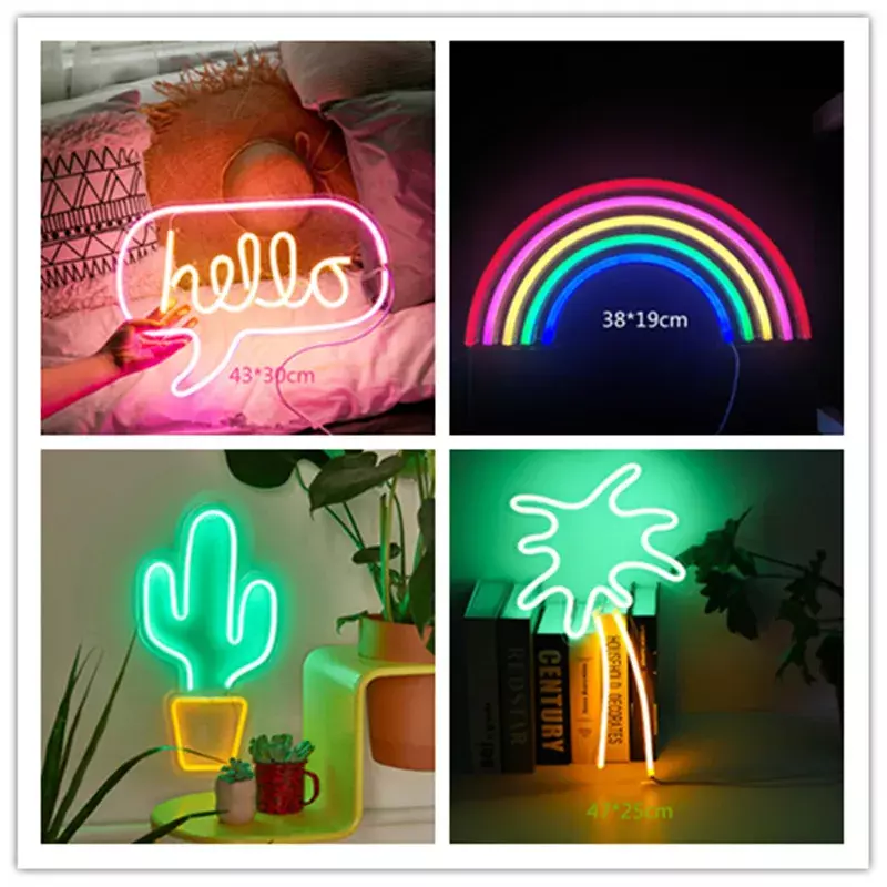 Arco-íris Luzes LED Neon Holiday Lamp, Xmas Party, Loja, Decoração interior, Sinais de parede, Alimentado por USB, Olá Iluminação Cactus, Amarelo