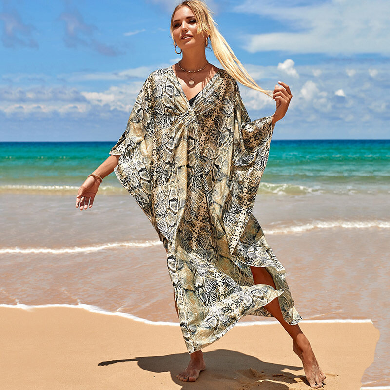 Blusa estampada europeia americana para mulheres, vestido de férias à beira-mar, vestido de maiô biquíni solto, casaco azul, novo, verão, 2024