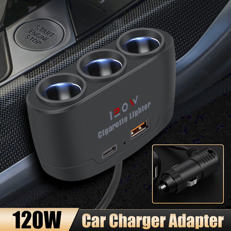 120W Car Charger Adapter 12V 24V 3 Socket Cigarette Lighter Splitter Dual USB LED Car Fast Charger For IPhone IPad GPS Dashcam