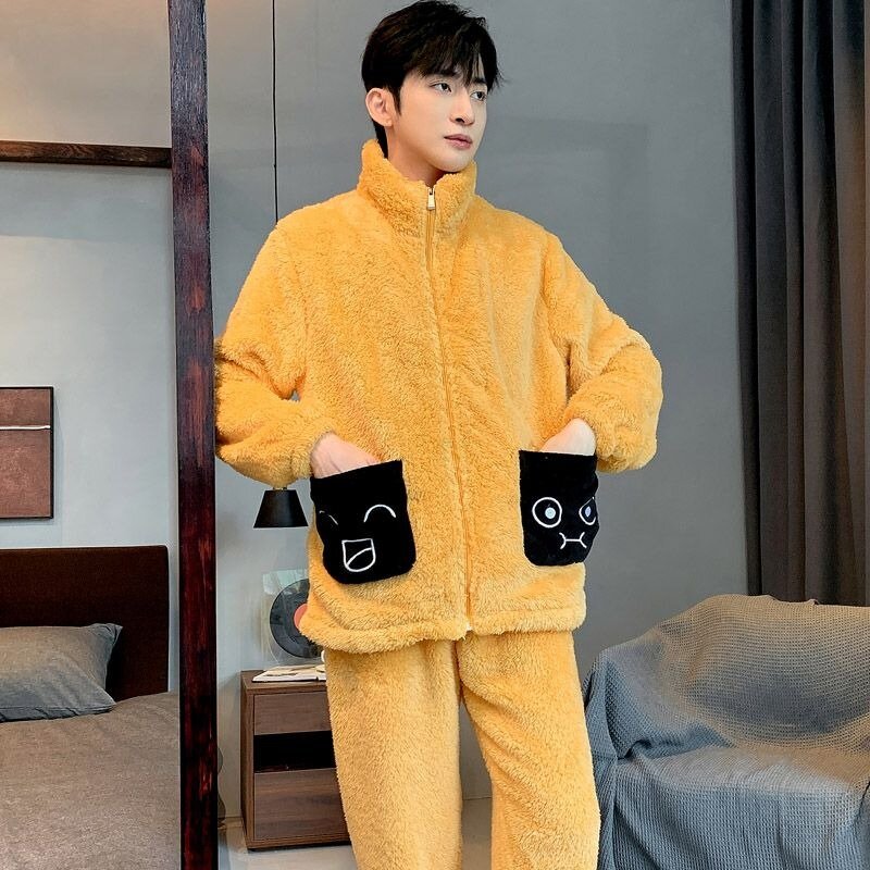 Winter New Male Pajamas Thickened Velvet Coral Fleece Thermal Men Nightclothes Suit Casual Stand Collar Large Size Homewear Set