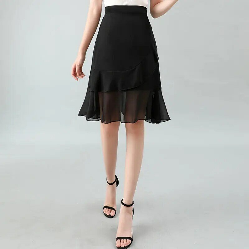 Элегантная тонкая шифоновая юбка-трапеция, летняя новая однотонная черная несимметричная Легкая короткая юбка на бедрах, винтажная модная женская одежда