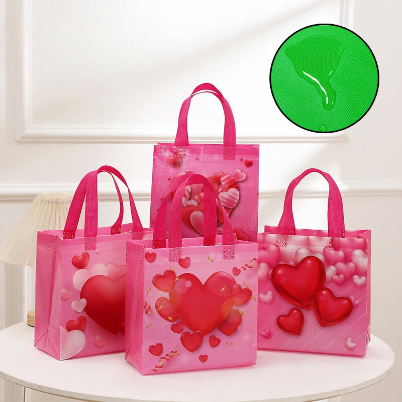 Non Woven Fabric Pink Love Valentine's Day Birthday Handbag with Printed Logo, Wedding Shopping Bag, Gift Gift Gift