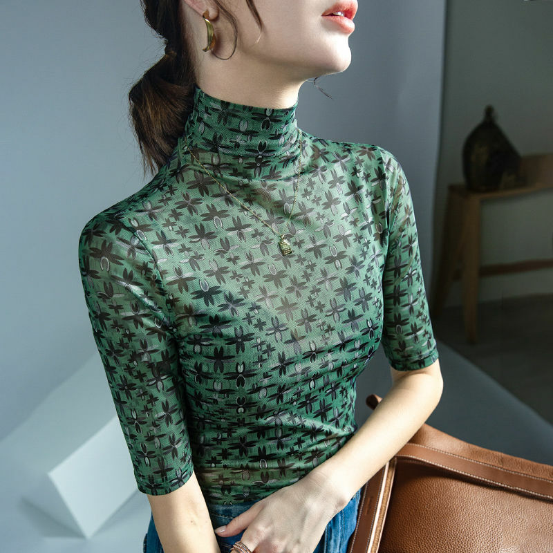 Jersey de gasa con cuello alto para mujer, camiseta de media manga con estampado geométrico, ropa de viaje coreana, 2024