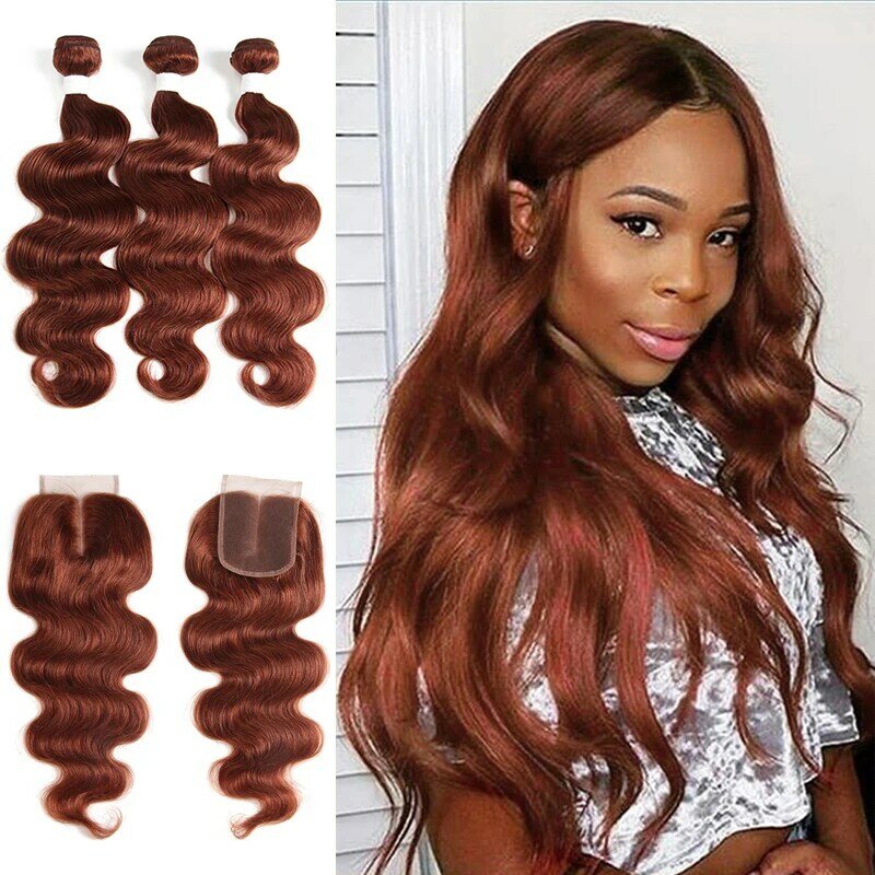 Body Wave Human Hair Bundle With Closure Brown Auburn #33 Color 100% Human Hair Weave Bundles Brazilian Remy Hair Extensions