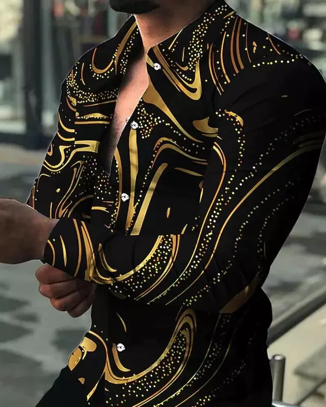 Modna męska projektantka gwiaździste niebo fioletowe turkusowo-złota luksusowa koszula męska społeczna klapa duży rozmiar Casual nadruk w kropki Top z długim rękawem