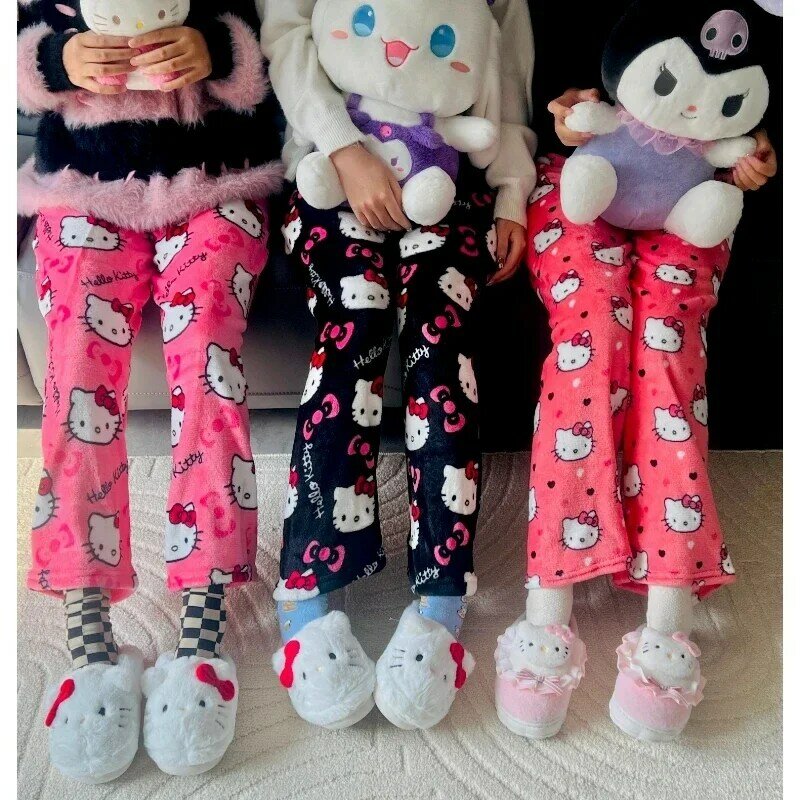 Sanrio Hello Kitty Anime Y2k Kawaii flanella pigiama donna calda lana cartone animato Casual casa pantaloni autunno inverno moda pantaloni