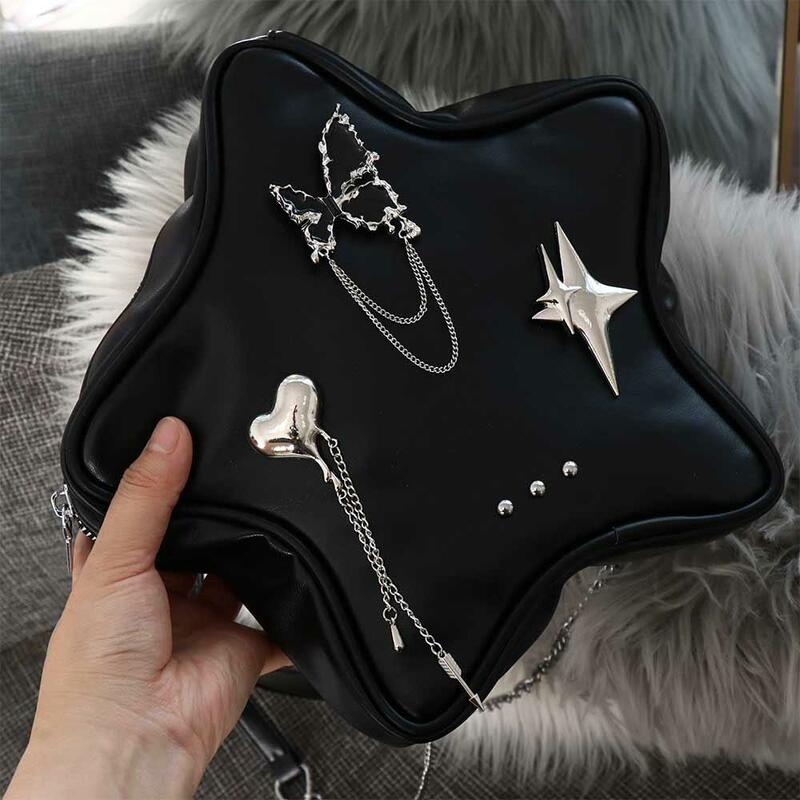 Butterfly Star zaino Punk PU Leather Heart Y2k borsa a tracolla lettera borsa da scuola in pelle di grande capacità femminile/ragazze