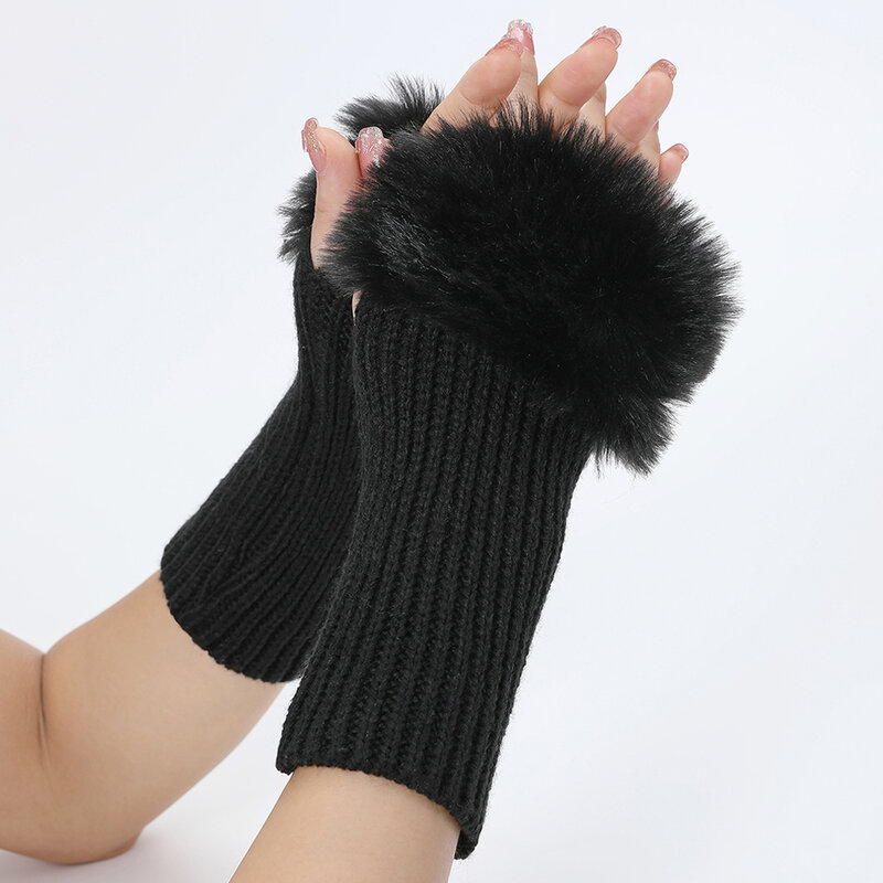 Autumn Winter Furry Faux Rabbit Fur Fingerless Gloves Arm Cover Women Elbow Mittens Warm Elastic Armband Clothing Accessories
