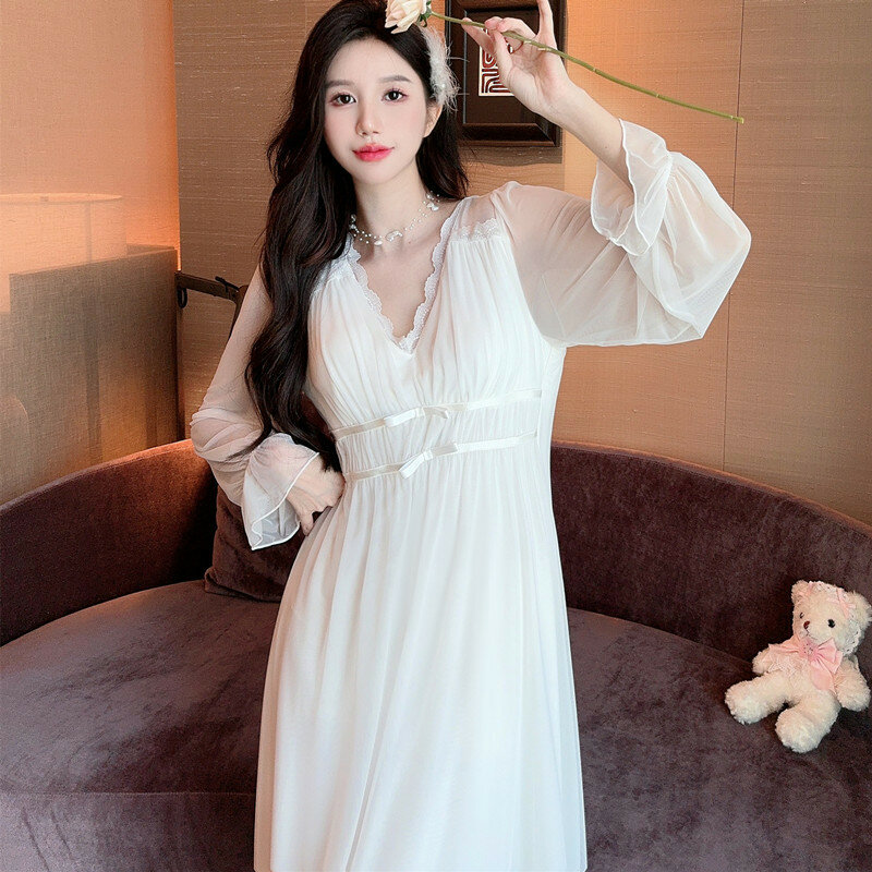 Księżniczka bielizna nocna modalna sukienka wieczorowa kobiety Sexy koronka z długim rękawem Vintage koszule nocne