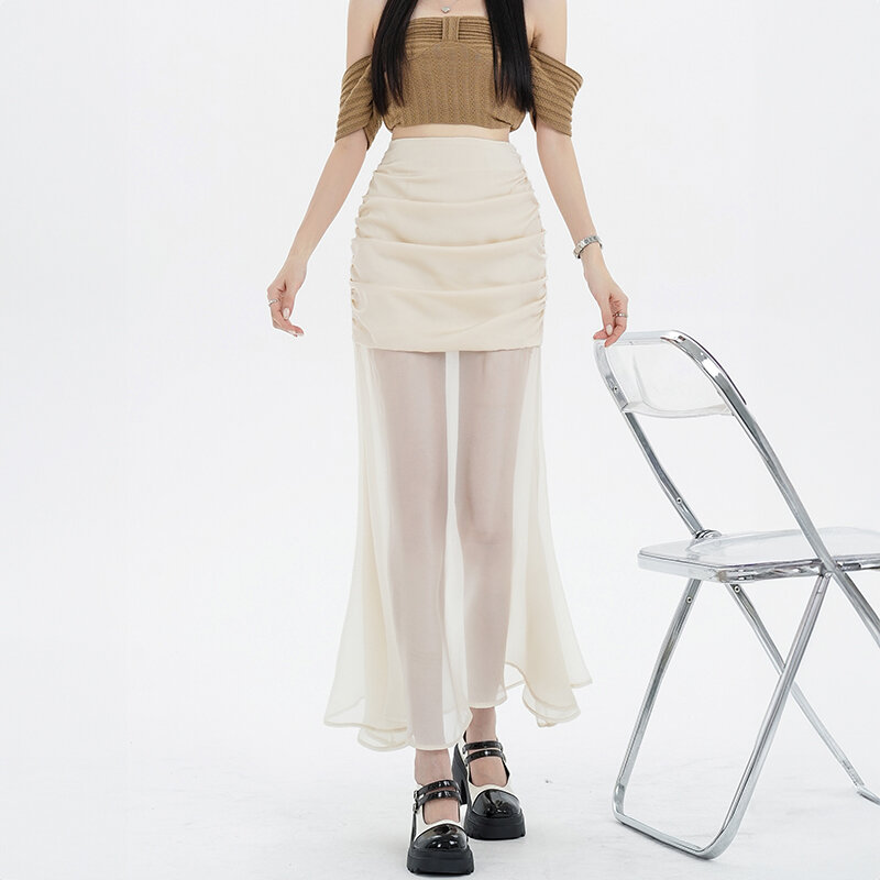 Юбка абрикосовая средней длины для женщин, летняя тонкая юбка трапециевидной формы с сетчатыми вставками и высокой талией