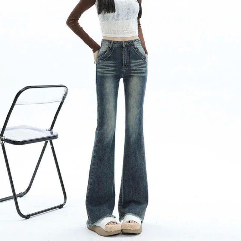 กางเกงยีนส์ขาบานสำหรับผู้หญิงกางเกงผ้ายีนส์เอวสูงกางเกง Y2k แนวสตรีทผ้ายืดสไตล์วินเทจ