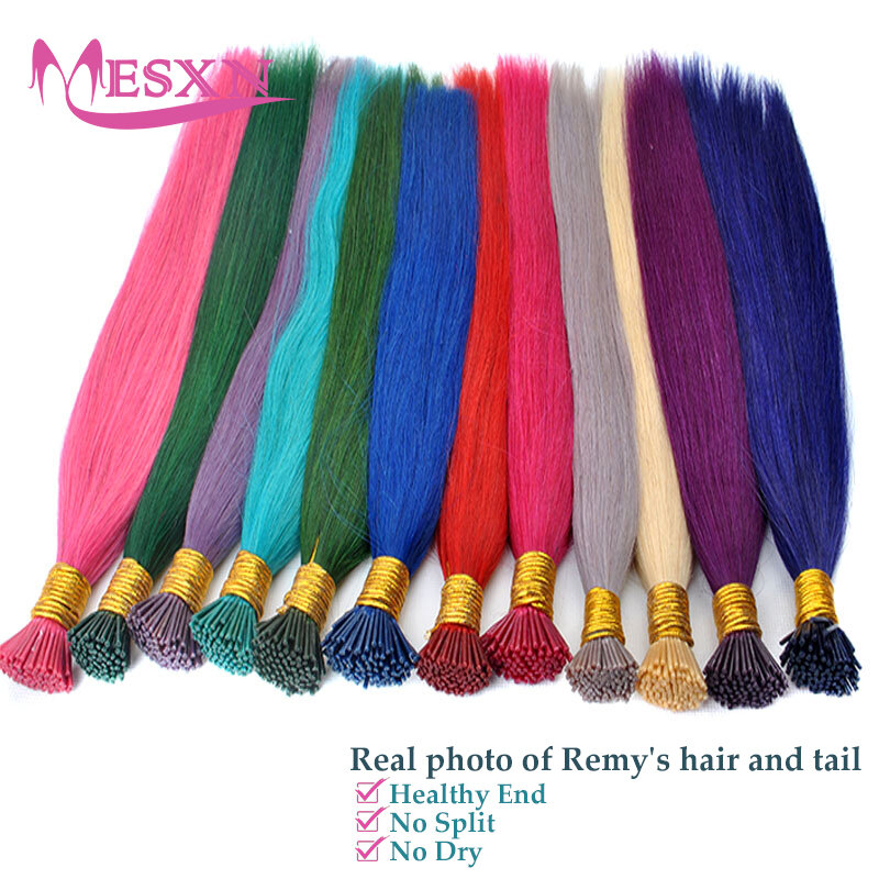 MESXN Color  I Tip Hair Extensions Natural Real Human Fusion Hair Extensions  Color Purple Blue Pink Gray 20inch 0.5g/Strand