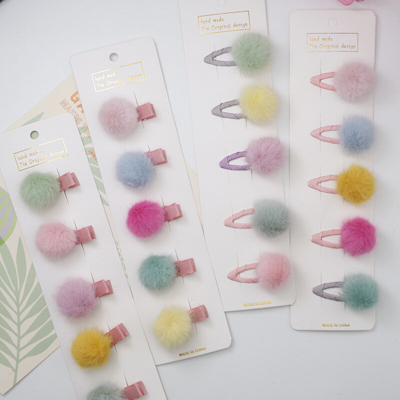 5 Stks/set Mini Hair Pin Clips Kostuum Bobbles Haarspeldjes Leuke Kawaii Solid Candy Kleur Pompoms Baby Haarspelden Voor Meisjes Accessoires