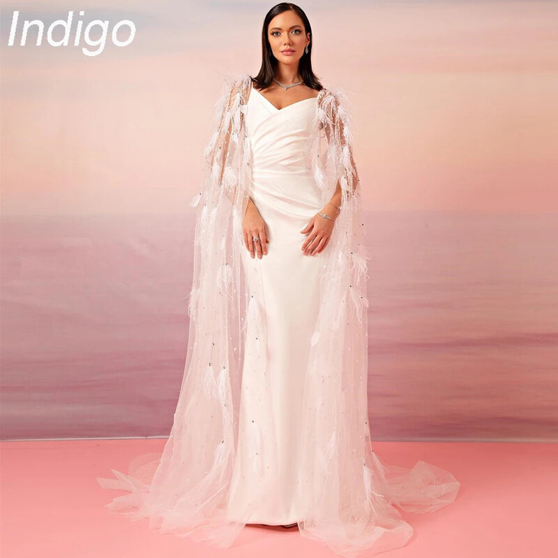 Indigo-vestido de noche Formal con plumas para mujer, vestido de graduación con cuello en V, largo hasta el suelo, mangas completas, elegante, 2024