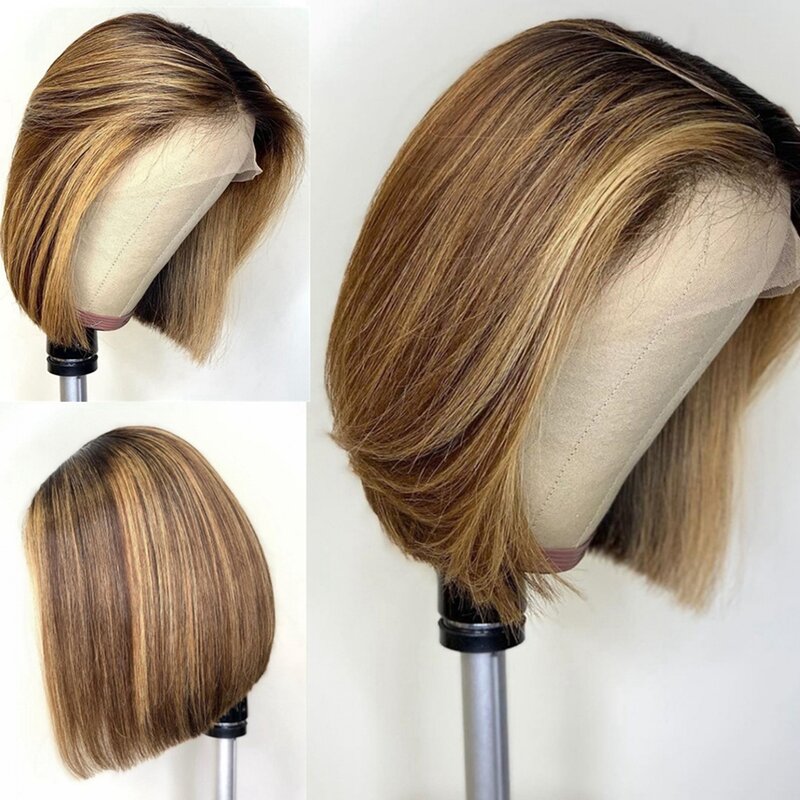 Peruca de cabelo humano frontal de renda para mulheres, peruca curta, reta, pré-arrancada, destaque, brasileira, 4x4, 5x5, 13x6