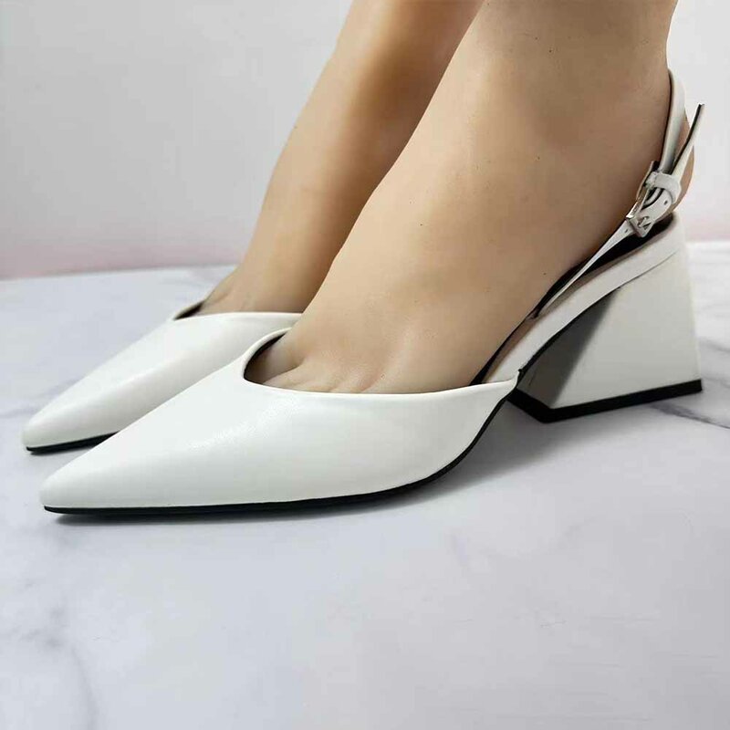Zapatos de cuero blanco para mujer, Sandalias de tacón alto sin tirantes con tacones puntiagudos, tacón grueso, primavera de 2024