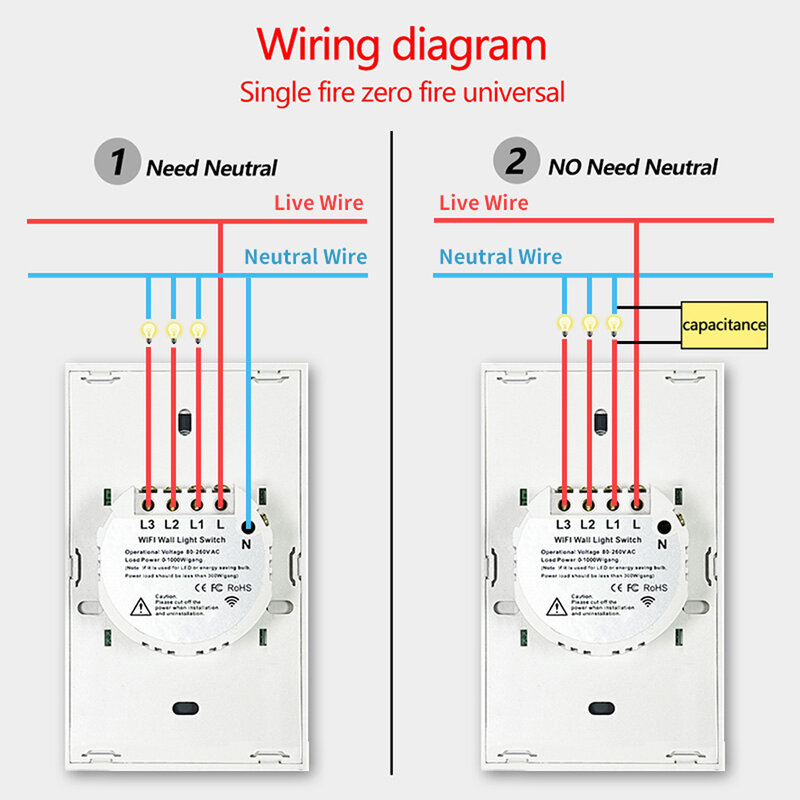 Tuya US WiFi inteligentny przełącznik ścienny RF433 1/2/3 Gang brak neutralnych przewodowych przełączników czujnik światło LED dotykowych inteligentny dom Alexa Google Home