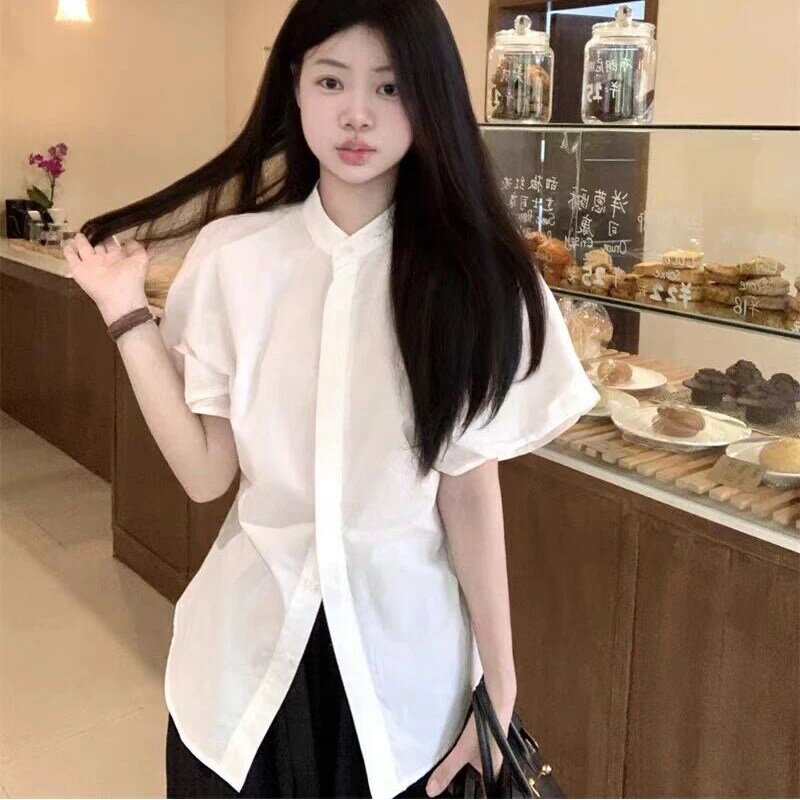 Gidyq-Camisa blanca de algodón 100% para mujer, camisa francesa elegante de manga abombada, ajustada, estilo dulce y Preppy, Top liso para mujer