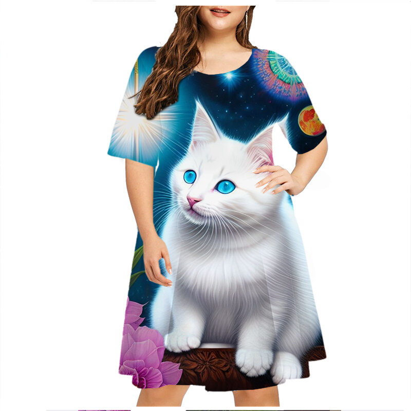 Gaun longgar lengan pendek wanita, gaun bercetak kasual ukuran besar musim panas pola kucing klasik