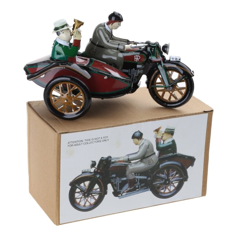 Motocicletta in banda stagnata giocattolo a carica per bambini con simpatico regalo vintage a forma sidecar