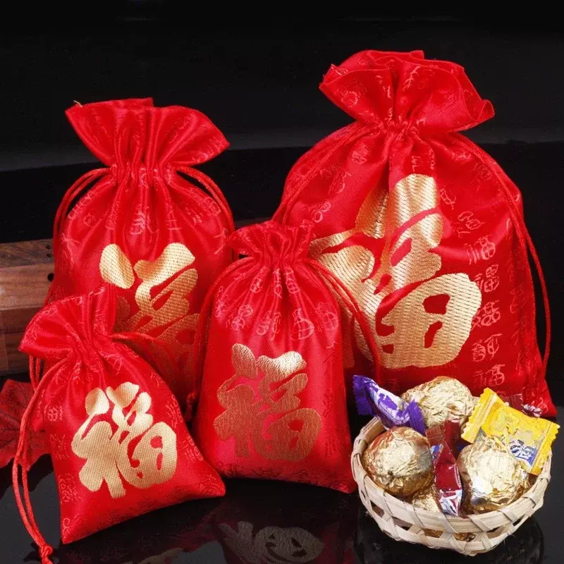 중국 빨간 천 가방 브로케이드 작은 포춘 가방, 빨간 선물 포장, 아름다운 드로스트링 작은 천 가방