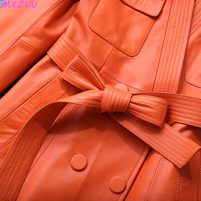 Abrigos Para Mujer giacca invernale in vera pelle scollo a v cintura doppio petto Trench Cuir Femme pelle di pecora sottile cappotto lungo arancione