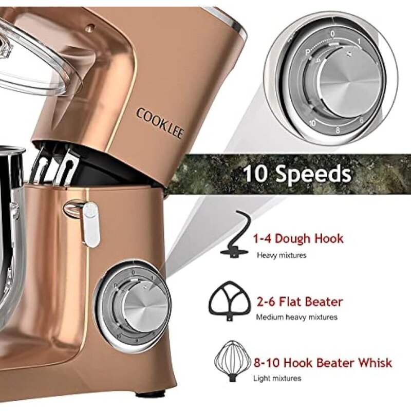 COOKLEE Stand Mixer, 9.5 Qt. Miscelatore da cucina elettrico a 10 velocità da 660W con ganci per pasta lavabili in lavastoviglie, fruste piatte, frusta a filo