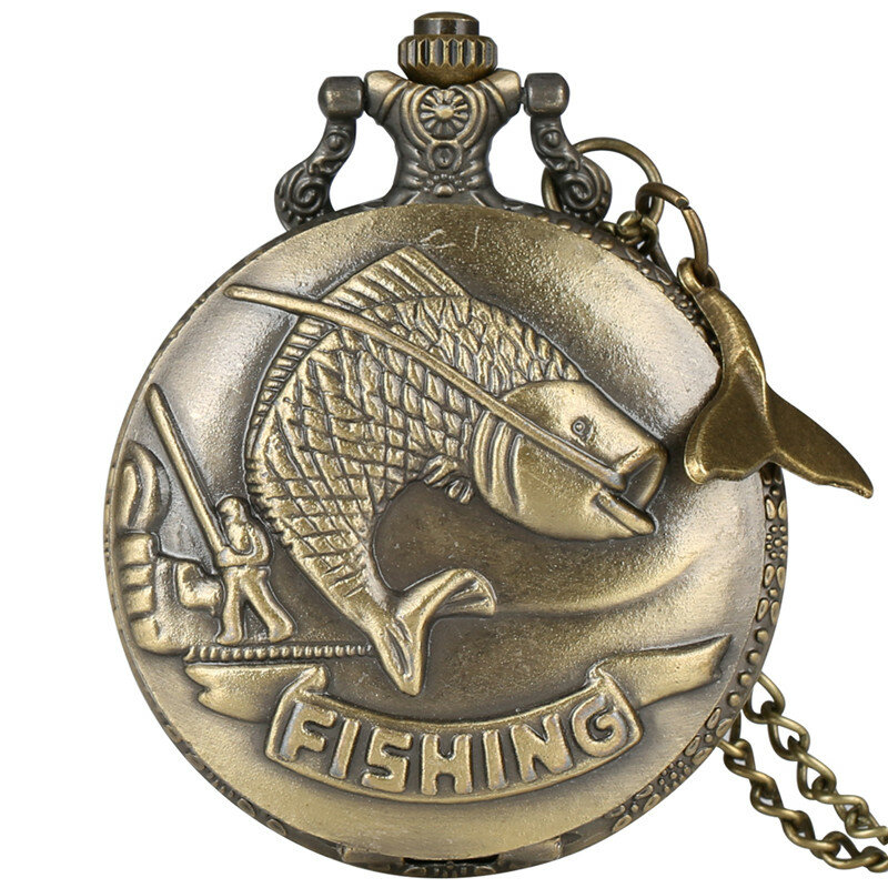 Классические гравированные рыболовные дизайнерские кварцевые карманные часы с животными для мужчин и женщин с подвеской рыбий хвост аксессуары ожерелье цепь подарок
