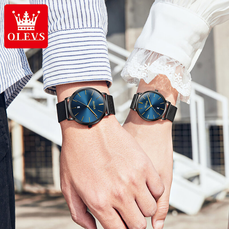 OLEVS 5869 Ultra Thin 6.5mm Quartz Couple Watches for Men Women Mesh Strap Waterproof Auto Date Minimalist Lover's Wristwatches