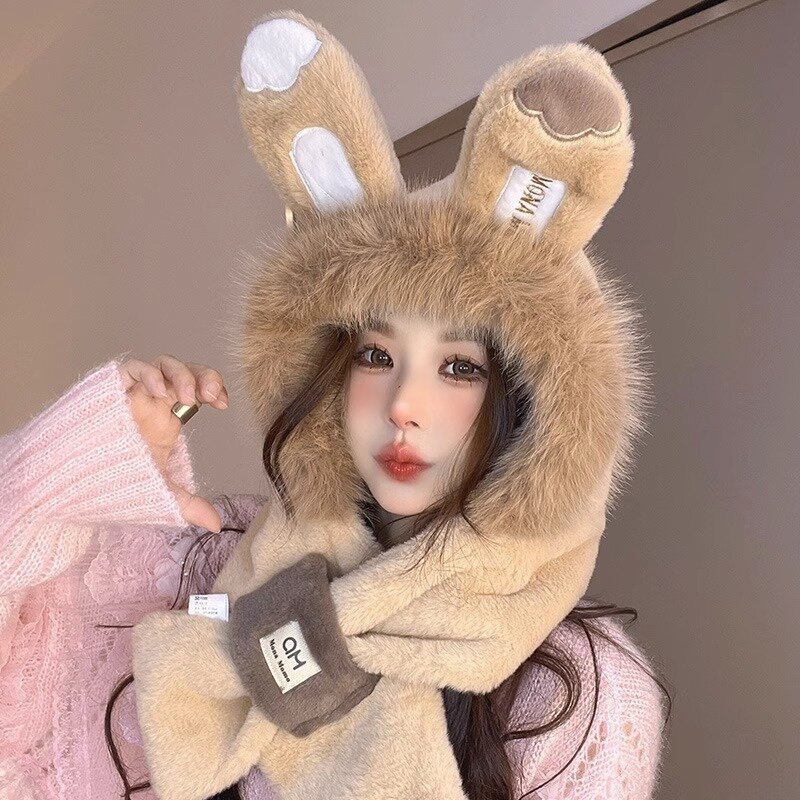 Fashion Sleeve Hat Women Rabbit Ears Plush Scarf  two-piece Cap Winter Outdoor Protection Windproof Thickened Free Shipping Warm