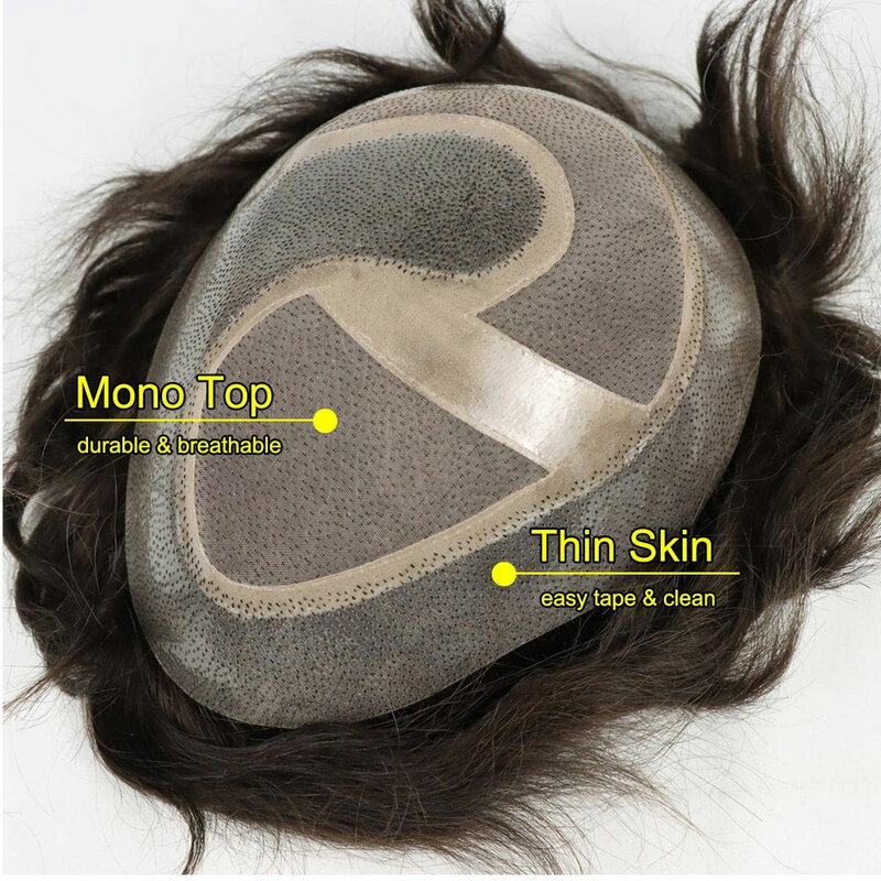 Wig rambut manusia pria rambut palsu renda Mono dengan jelas poli sekitar hiasan rambut untuk sistem pria ukuran 10x8 inci 3 # potongan rambut coklat tua