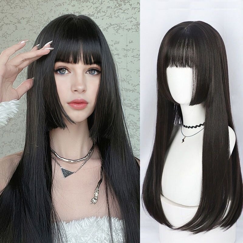 Wig Princess Cut Harajuku rambut panjang, rambut manusia imitasi alami Set kepala penuh hitam panjang lurus baru