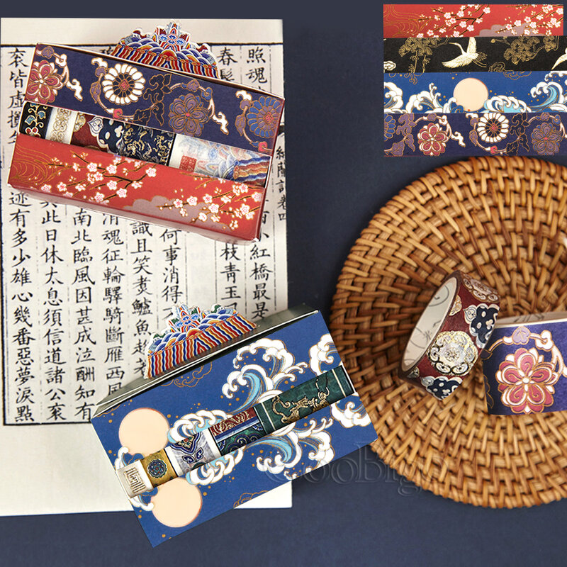 Ruban adhésif décoratif Washi, ruban de masquage, autocollant de bricolage, style chinois vintage, noir, bleu, bleu marine, rouge, 5 mètres, 30mm de large