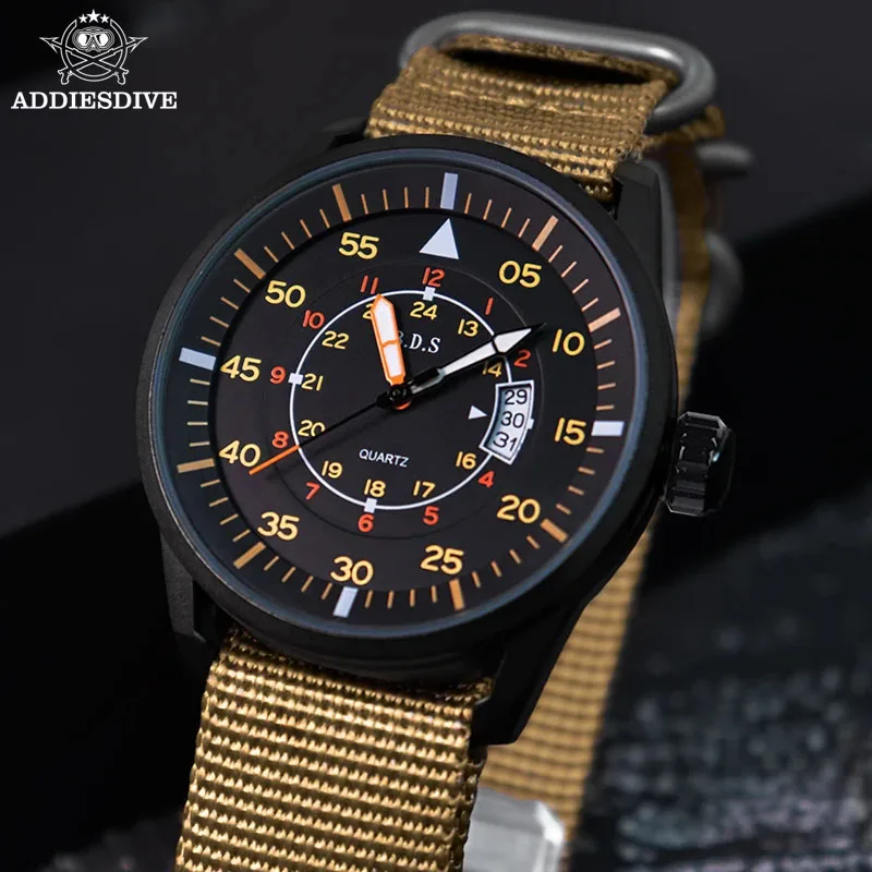 Adpeso Dive jam tangan Quartz untuk pria, jam tangan olahraga pria, jam tangan Quartz Hardlex, jendela Dial anti air 50M, tali nilon Relogio Masculino