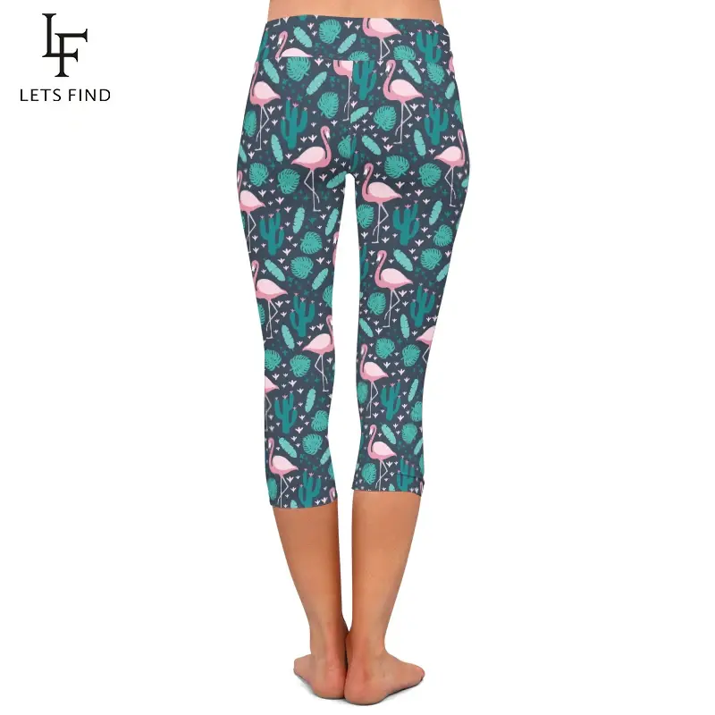 Letsfind verão moda feminina capri leggings flamingos e impressão de plantas meados de bezerro 3/4 cintura alta leggings casuais