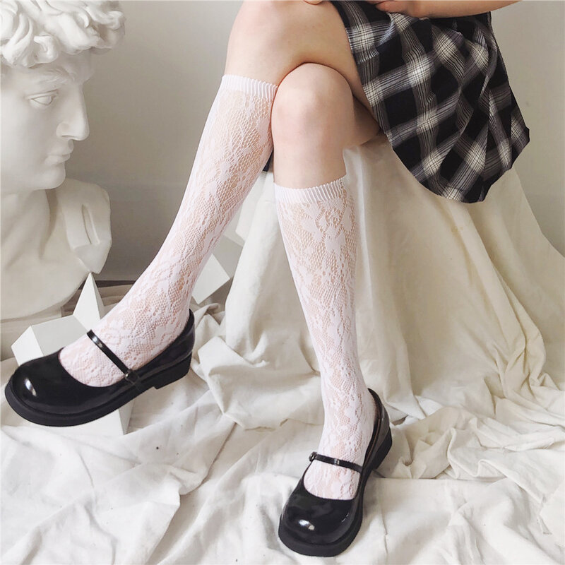 Meias Bezerro respirável com Rose Print, Meias Malha japonês, Lolita Socks