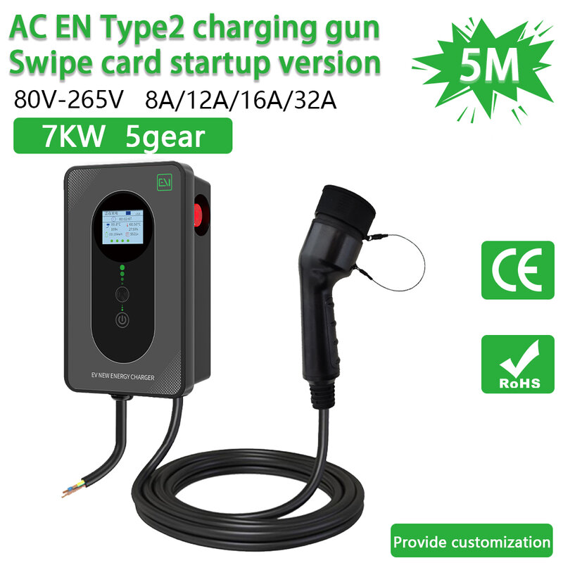 LIEI 7kw 12A 16A 24A 32A Swipe Card Activatio EV Charger Type 2 Electric Car 5M Charging Cable CEE Plug For Electric Vehicle Car